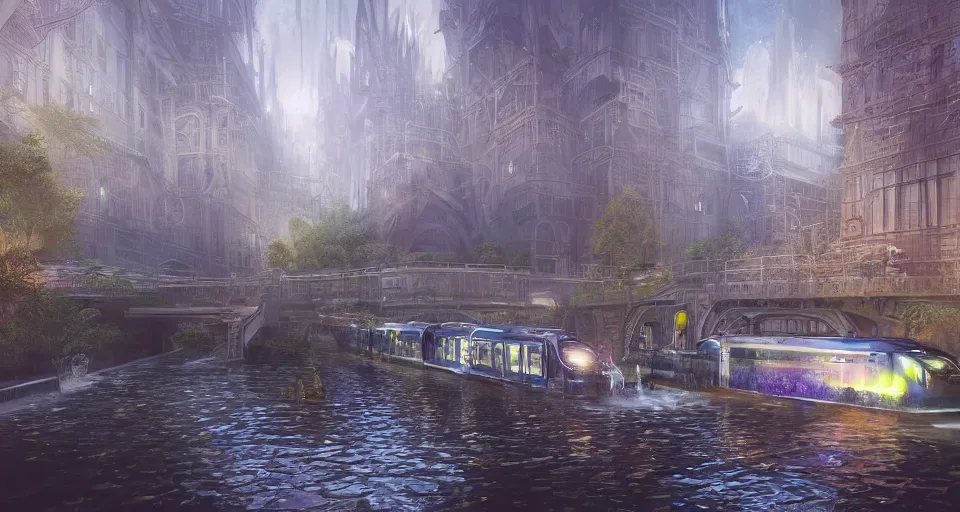 Prompt: An urban train rides inside of a waterway on a fantasy city, next to a fountain and a mystical palace, hyperdetailed, artstation, cgsociety, golden hour 8k, fractal flame