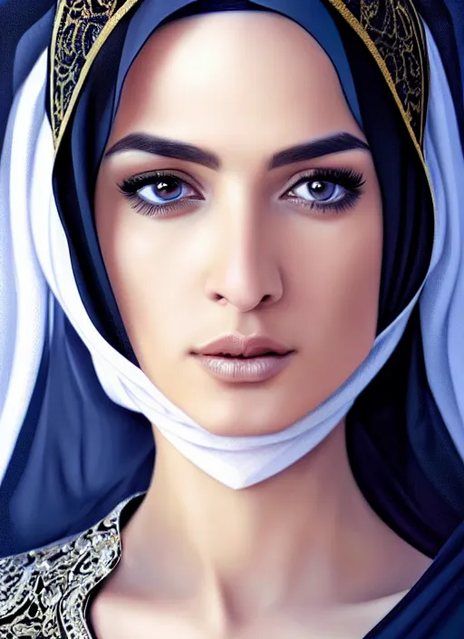 Image similar to arab female ameera al taweel, blue eyes, black hair, white veil, in the style of stefan kostic, realistic, sharp focus, 8k high definition, insanely detailed, intricate, elegant, art by stanley lau and artgerm