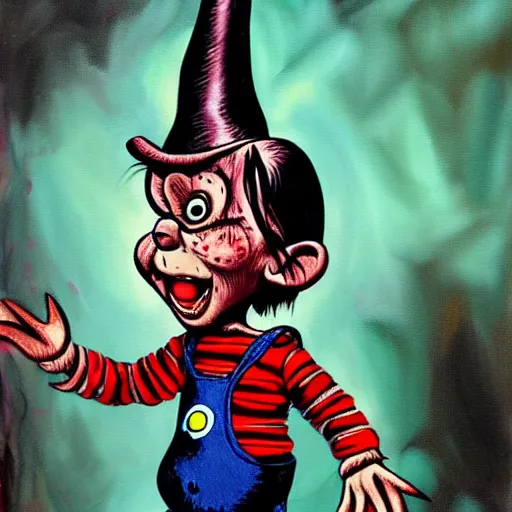 Prompt: dark fantasy painting of chucky by dr seuss | horror themed | creepy