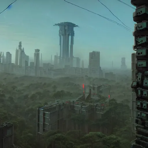 Image similar to mayan cyberpunk city in the center of redwood forest, viewed from a distance, shadow of the colossus screenshot by j. c. leyendecker, simon stalenhag, studio ghibli, and beksinski