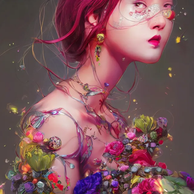 Image similar to studio portrait absurdly beautiful, elegant, lovely, young hypercolorful sensual anime teen rubies red petals gems, ultrafine hyperrealistic detailed face illustration by kim jung gi, irakli nadar, intricate linework, sharp focus, bright colors, matte, octopath traveler, final fantasy, unreal engine highly rendered, global illumination, radiant light, intricate rainbow environment