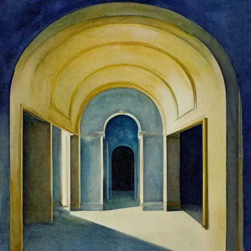 Image similar to procession in a blue and gold haunted liminal abandoned temple, watercolor by gottfried helnwein, by hammershøi, art noveau, highly detailed, lights by edward hopper, liminal, eerie, bright pastel colors