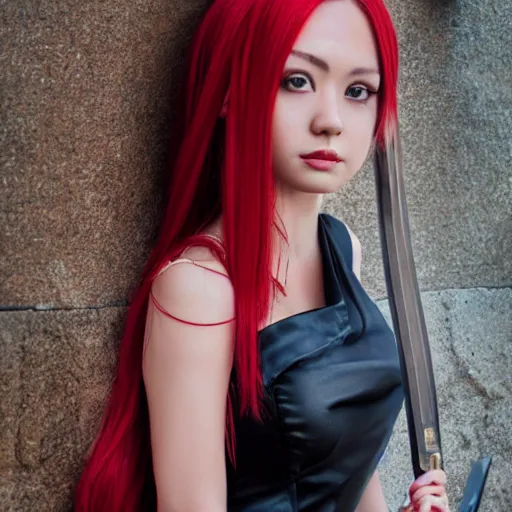 Image similar to dslr photo of beautiful erza scarlet wearing a elegant dress, standing holding a katana that is very detailed, portrait photo, real photo, real camera, extreme detailed face and body, high quality, moody lighting, fast paced lines, sharp quality, enchanting lighting, 8 k