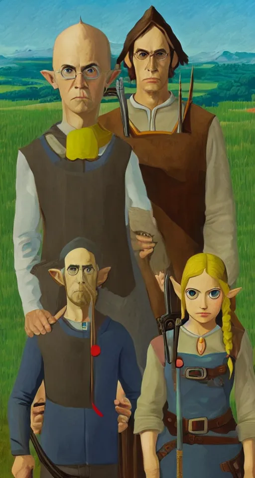 Prompt: american gothic by grant wood in the style of Legend of Zelda: Breath of the wild