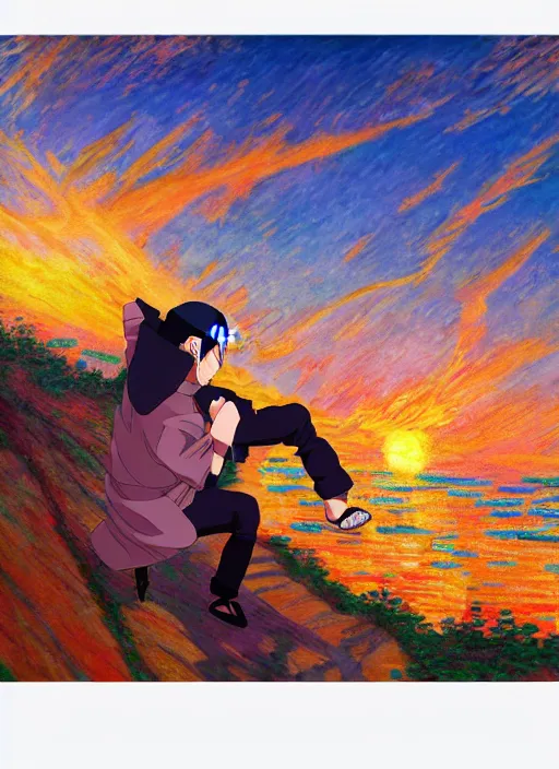 Prompt: a naruto scene of naruto watching the sunset, very anime, trending artwork, 4 k, anime painter studio, an impressionist style by claude monet