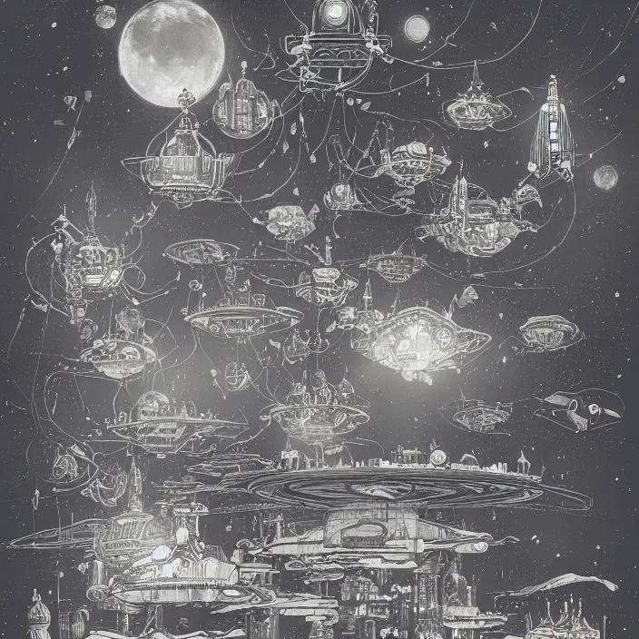 Prompt: a floating city in a night sky, with steampunk art nouveau architecture and dirigibles floating in the air, cityscape, trending on artstation