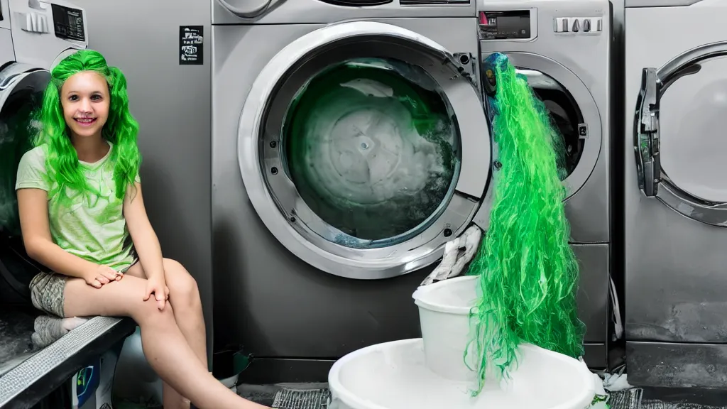 Prompt: a girl with green hair sitting on top of a washing machine in a laundromat