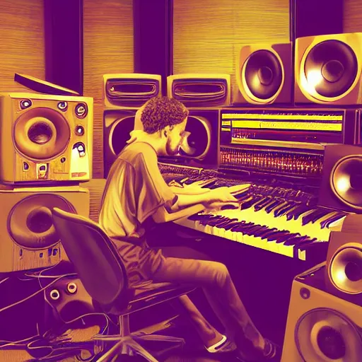 Prompt: music producer sitting in a large studio surrounded my musicians listening the a really loud beat. golden ratio, art canvas, award winning, masterpiece trending on artstation 8 k 1 5 0 mpx