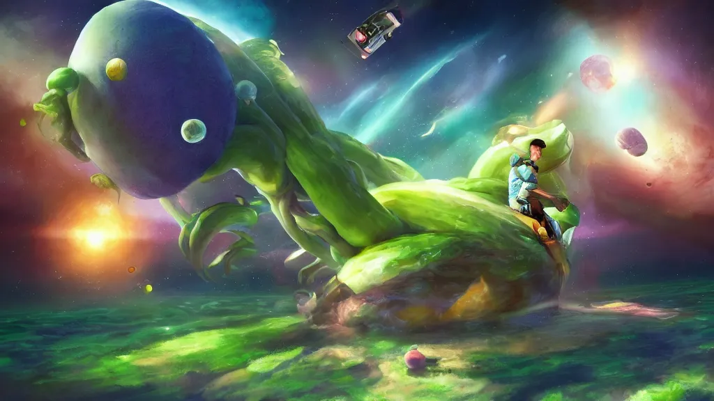 Image similar to Android cowboy riding a giant vegetable in outer space, volumetric lighting, digital painting, artstation, very detailed, hyperrealistic