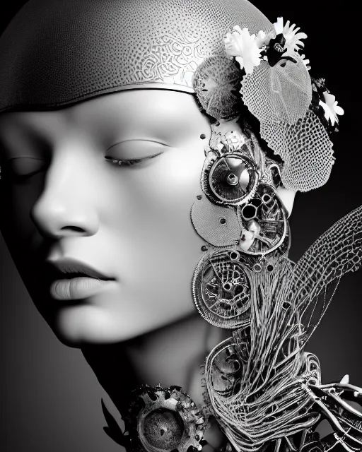 Image similar to black and white dreamy foggy smoky profile face portrait, one silver steampunk eye biomechanical beautiful young female cyclope - cyborg - robot bust, body ribs meshes,, volumetric light, hibiscus flowers, by hg giger, rim light, by dora maar and cecile beaton, big gothic fashion pearl embroidered collar, 8 k