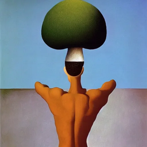 Image similar to surrealist painting of a man with a mushroom for a head, rene magritte