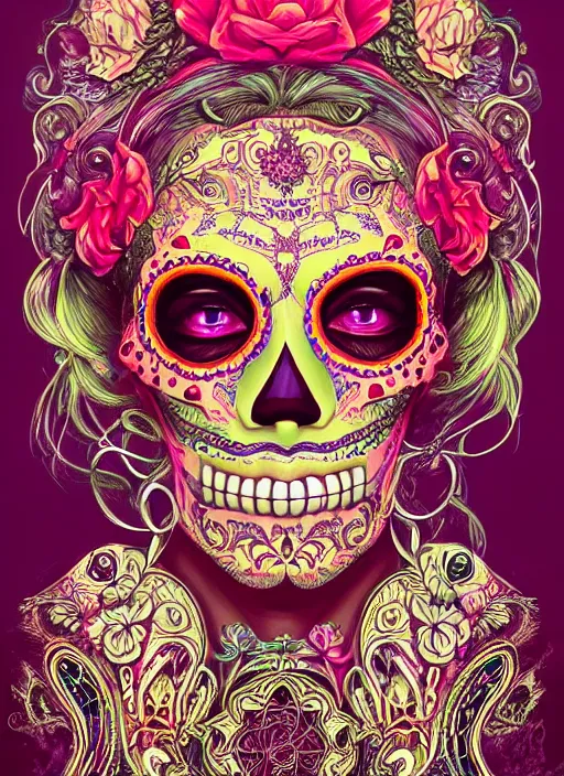 Prompt: portrait of a sugar skull, neon eyes, intricate, highly detailed, smooth, digital illustration, artstation, the dark and quirky art of scott radke
