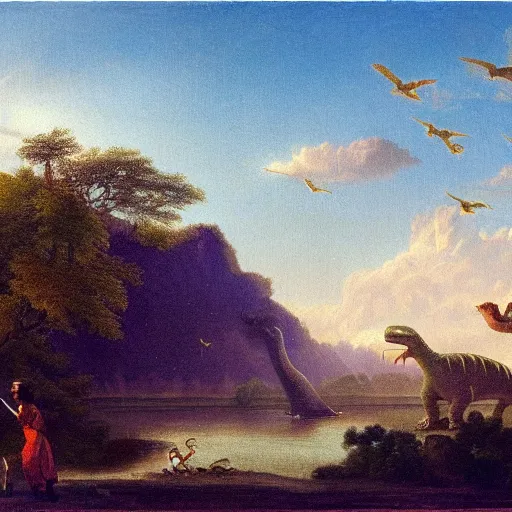 Image similar to Trias with dinosaurs, in the style of the Hudson River School