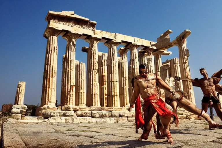 Image similar to horrible giant demons outside ancient greek temple. bollywood fantasy action movie still.