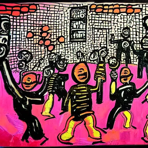 Prompt: inside a dark club, dancing, room is full of people, crowded, disco light, abstract expressionism, artwork by phillip guston