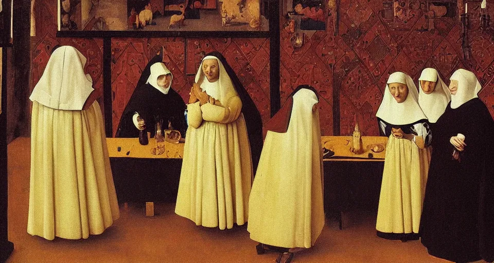 Image similar to a painting of nuns at a strip club, medieval painting by Jan van Eyck, Johannes Vermeer