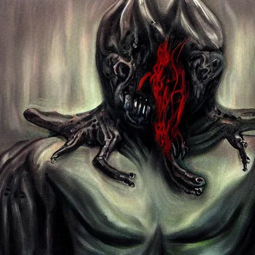 Image similar to sleep paralysis monster, dark, horror, modern painting, detailed