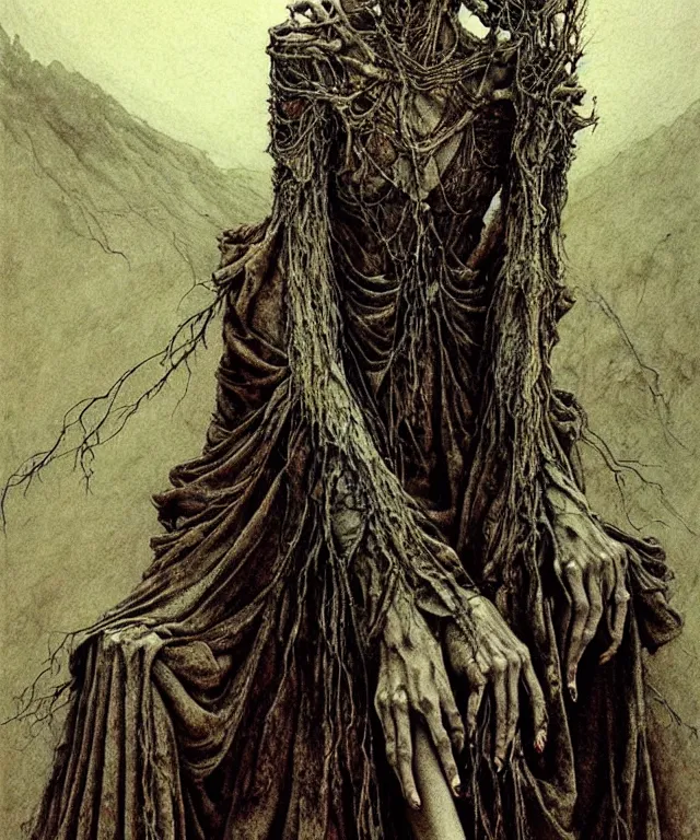 Image similar to a detailed creepy woman with many joints and arms stands among the hills. wearing a ripped mantle, robe. perfect faces, extremely high details, realistic, fantasy art, solo, masterpiece, art by zdzislaw beksinski, arthur rackham, dariusz zawadzki, hermann nitsch