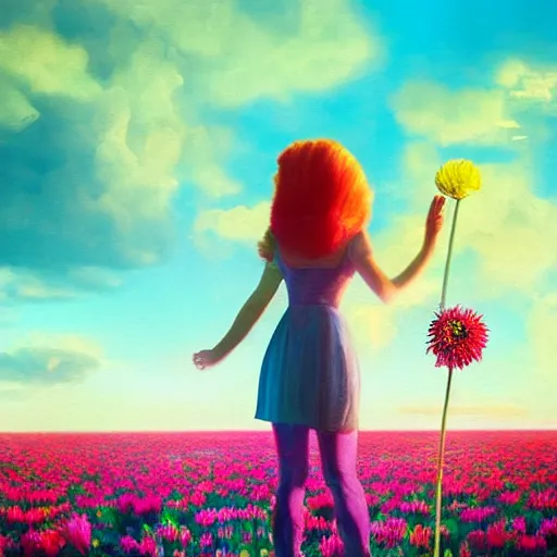 Image similar to giant dahlia flower head, full body girl standing in a flower field, surreal photography, sunrise, dramatic light, impressionist painting, colorful clouds, digital painting, artstation, simon stalenhag