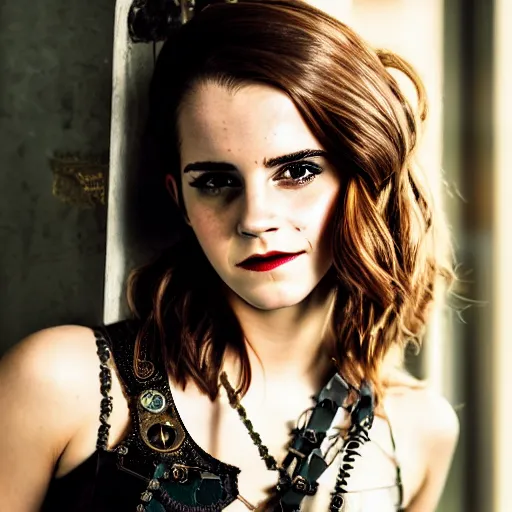 Image similar to emma watson, steampunk style, studio portrait photo, 50mm lens