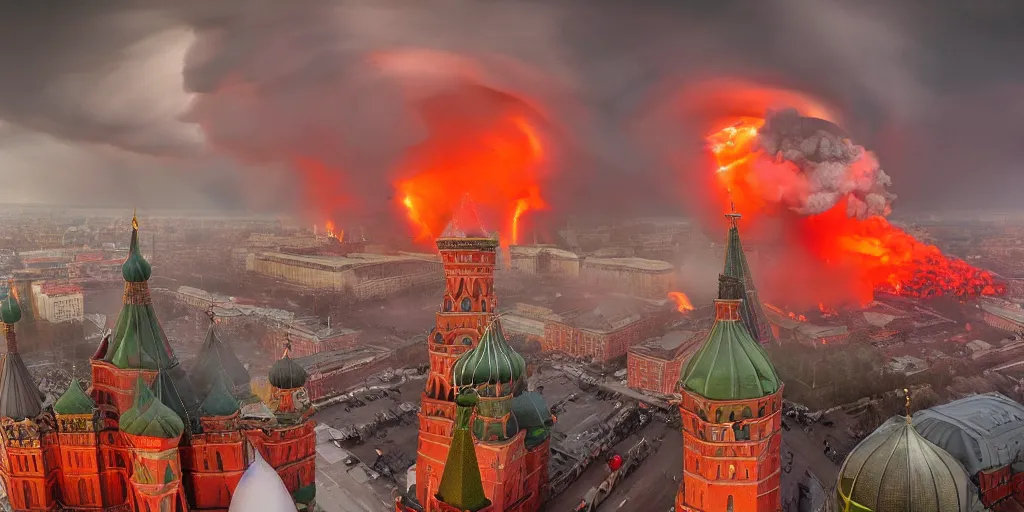 Prompt: a massive nuclear strike on Red Square Kremlin, nuclear mushroom, lots of fire and clubs of smoke, dark atmosphere, St Basil Cathedral is destroyed, cloudy weather, lightning, epic lighting, high detailed, 4k post-processing highly detailed, shot on Leica, 35 mm