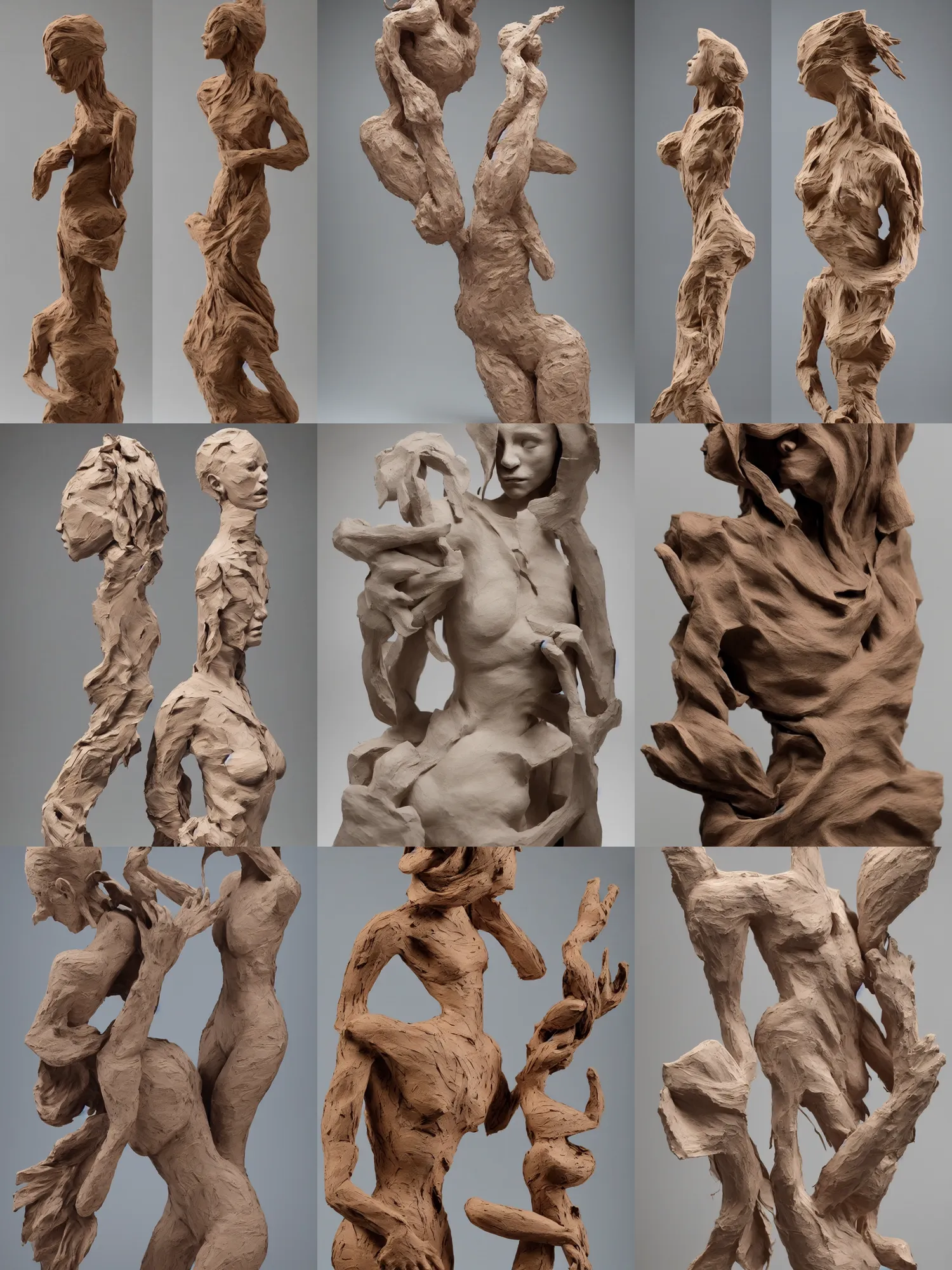 Prompt: wooden craft. rough clay. contemporary sculpture. female figure. low details. beth cavener. valerie hadida.