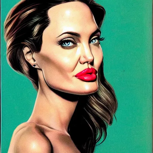 Image similar to Angelina Jolie portrait, color vintage magazine illustration 1950