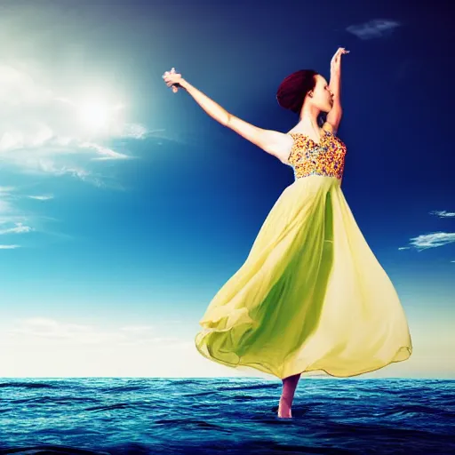 Image similar to a woman dancing over the ocean, beautiful, surreal dress