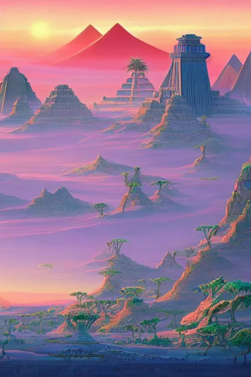 Image similar to Epic Afrofuturism landscape where Egyptian gods preside over distant temples, palaces, and ecotopia hydroponic installations , pink diffused skies, sunset, Zoomed out vast vista, HD, Pixar movie quality. Trending on DeviantArt, highly detailed, 2d game poster by Jesper Ejsing, by RHADS, Makoto Shinkaih and Lois van baarle, ilya kuvshinov, rossdraws, cinematic , hyper-realistic, depth of field, coherent, high definition, 8k resolution octane renderer,