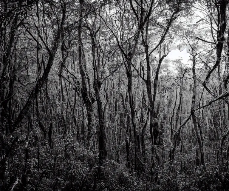 Image similar to a lush dense forest, glowing vines, black and white wildlife, moon shining, soft tones, highly detailed, 50mm