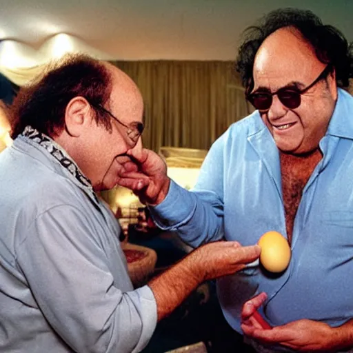 Prompt: danny devito offering a blue dragon an egg, photo, award winning, cover