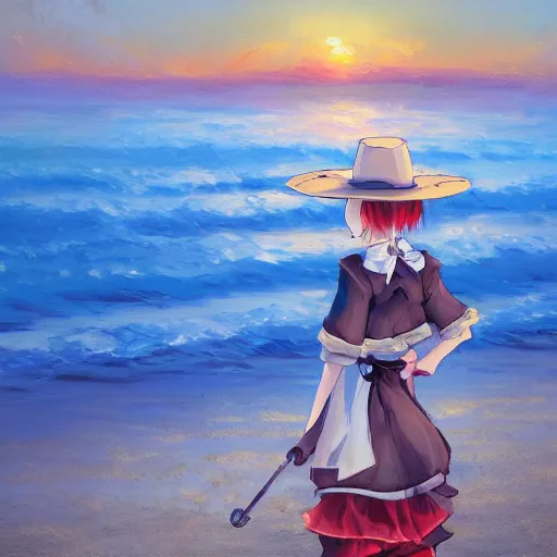 Image similar to Beautiful portrait of Kirisame Marisa at sunset on the beach, touhou project, ZUN, sold at an auction, oil on canvas, official artwork, trending on artstation, in the style of Antoine Blanchard, wide strokes