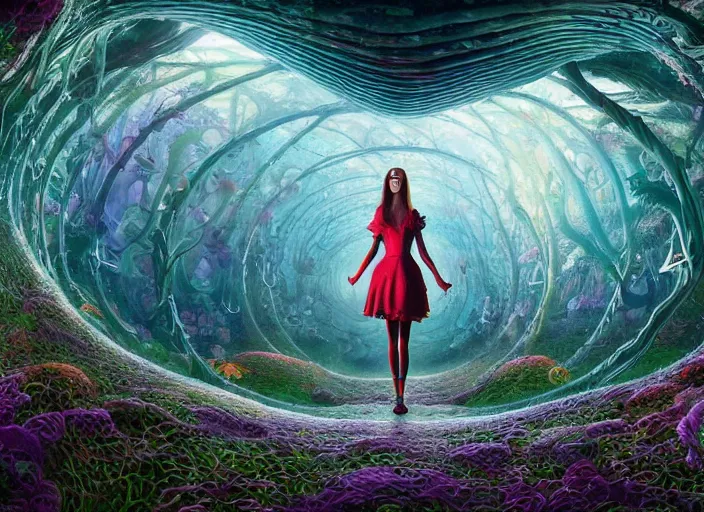 Image similar to vfx surreal 3 d portrait of alice from wonderland walking into a non - euclidean and infinite tunnel of evanescent hallucinatory images, reflections in endless mirrors, giant mushrooms, hyperdetailed, octane render, sharp focus, concept art, intricate by alex grey, greg rutkowski jeff soto and daniel merriam, dan mumford and pixar, octane render