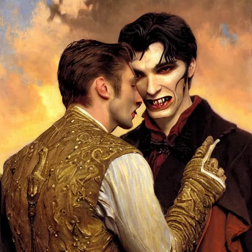 Image similar to attractive male, arthur pendragon confesses his love to attractive male dracula the vampire. highly detailed painting by gaston bussiere, craig mullins, j. c. leyendecker 8 k