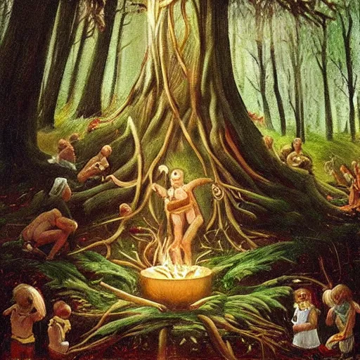 Image similar to “child god of the forest making a ritual, artwork”