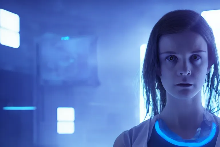 Image similar to promotional image from a dystopian sci - fi movie, a girl in a dark dystopian lab, blue lighting, muted colors, medical equipment, 8 k, cinematic, dramatic lighting, very detailed face, movie still frame, promotional image, imax 7 0 mm footage