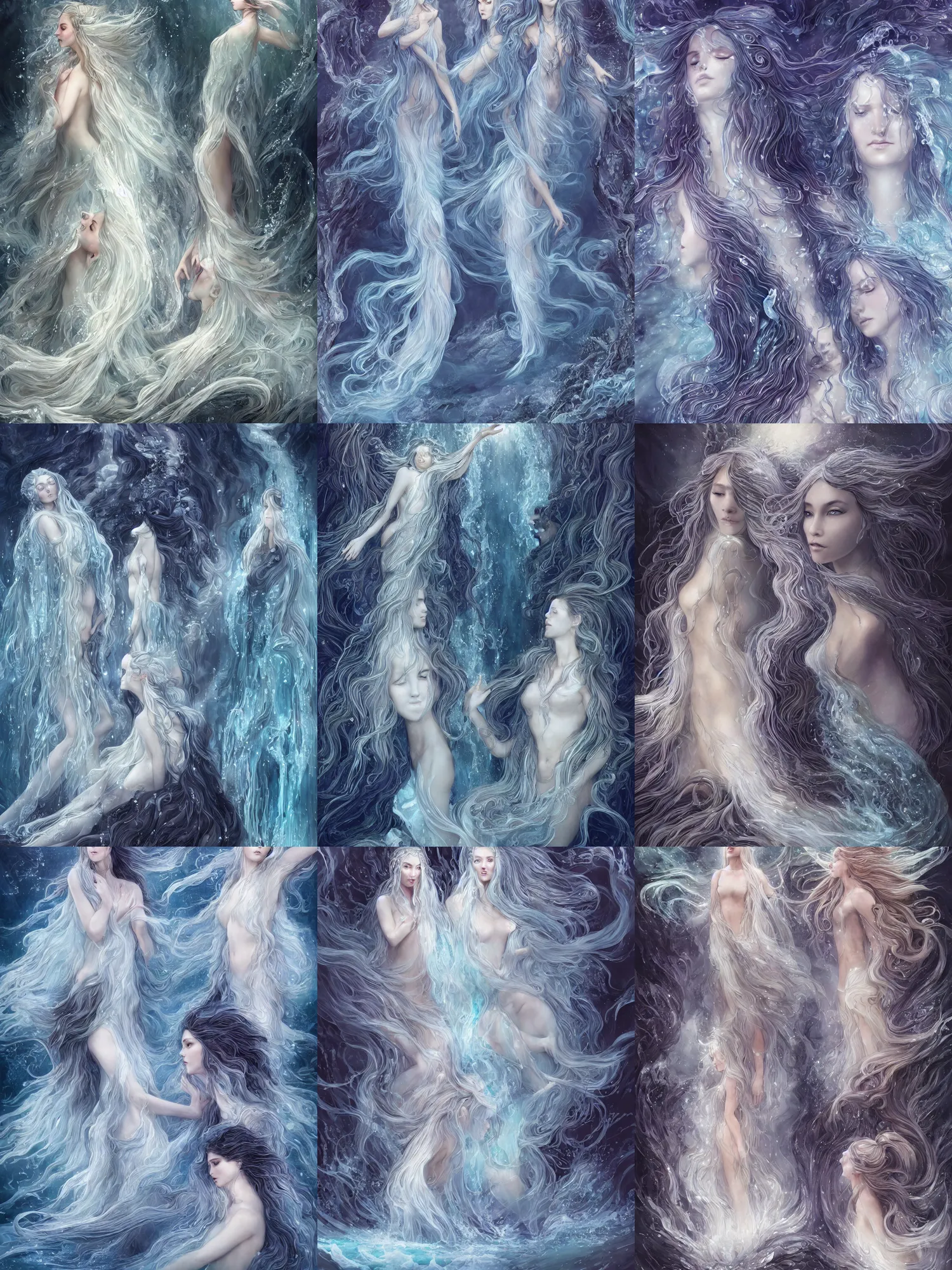 Prompt: two goddesses made of ice crystals flowing long hair like a waterfall rising from the water, full body and face, sophisticated, fractals background, horizontal symmetry, epic light, intricate, extremely detailed, artstation, art by charlie bowater, kay nielsen and wadim kashin, zeen chin and terada katsuya