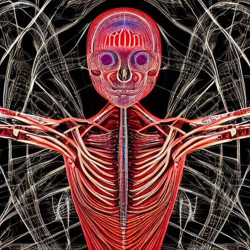 Image similar to long shot human robot made out of bones blood nerves cortex anatomical render in the style of alex grey hr giger grays anatomy, with an ornate fractal field background featuring psychedelic eyes