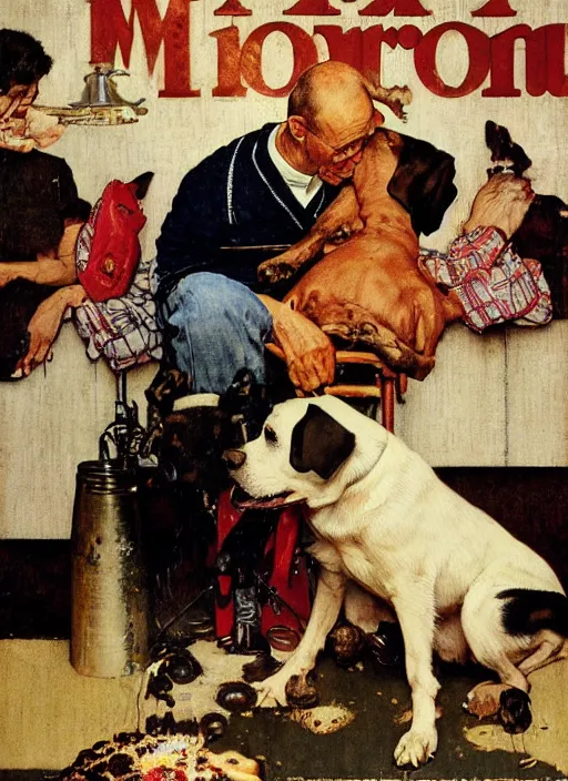 Image similar to a norman rockwell painting of an exploding dog