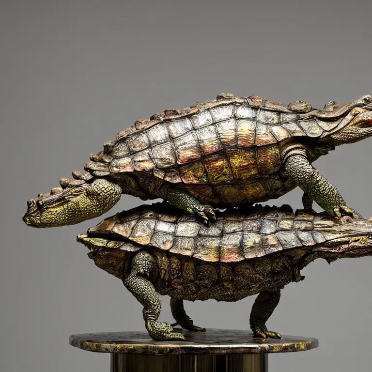 Image similar to hyperrealistic sculpture of a bronze fossilized alligator tortoise dusted with iridescent spraypaint and ferns in a nylon grid cage on a pedestal by ron mueck and duane hanson and lee bontecou, hyperrealistic dramatic colored lighting trending on artstation 8 k