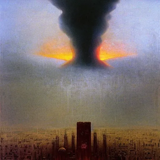 Image similar to a city being destroyed, annihilated, by a nuclear explosion that looks like a rising sun, painted by zdzislaw beksinski, melancholy