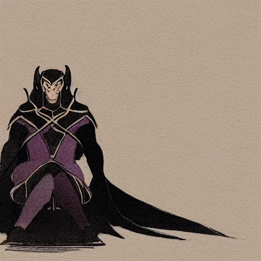 Image similar to this illustration is concept art for the comic book character of loki, the norse god of mischief sitting on a chair with his legs crossed. he is looking at something off to the side, and his expression is one of concentration or deep thought. the background is a simple, two - tone gradient. the colors are muted and calming, giving the image an overall peaceful feeling.