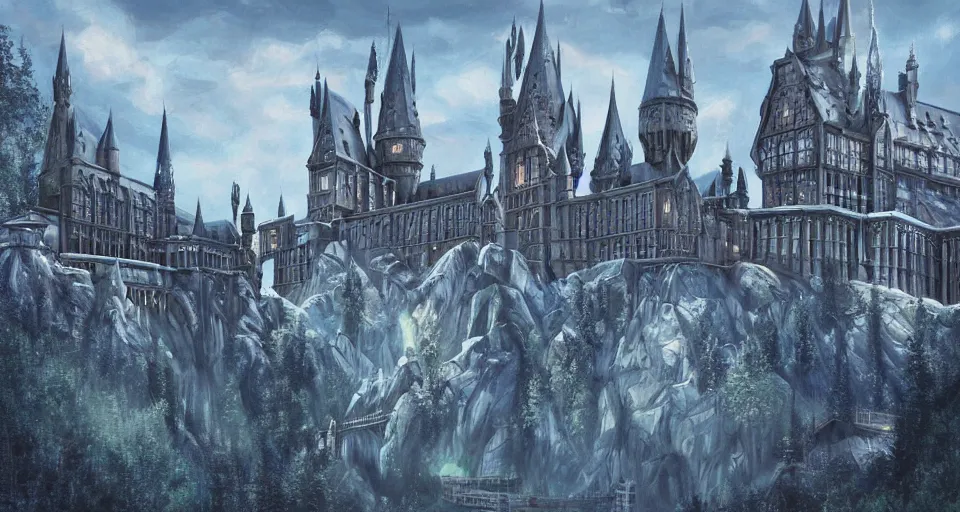 Image similar to a super detailed beautiful painting of hogwarts by shaddy safadi, 8 k, blue hue, warm lighting, cyberpunk trending on artstation