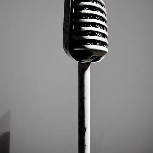 Image similar to an ancient sculpture of a microphone in white marble, close up photo, museum, ultra realistic, studio photo, bokeh, detailed.