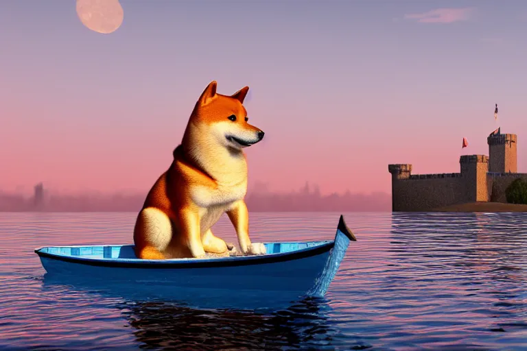 Prompt: a shiba inu sailing in a boat in the sea alone, with a castle in the background, sunset, epic, dramatic, realistic, 4k