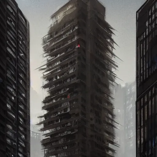 Prompt: illustration of a tall apartment building in a city made of concrete, dramatic lighting, illustration by Greg rutkowski, Shaun Tan art, yoji shinkawa, 4k, digital art, concept art, trending on artstation