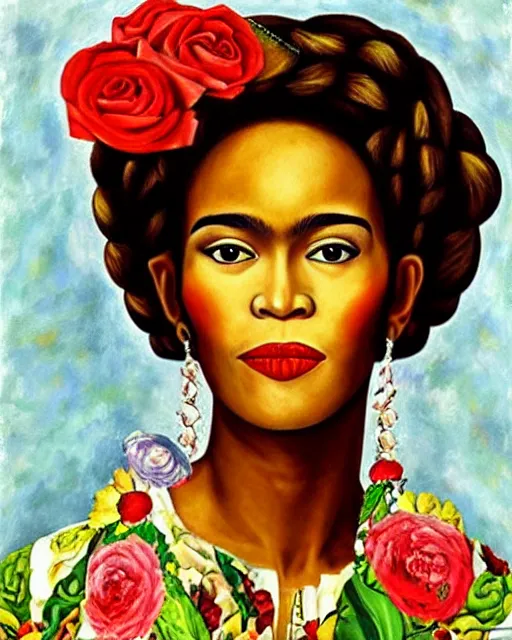 Prompt: Whitney Houston in Frida kahlo painting style
