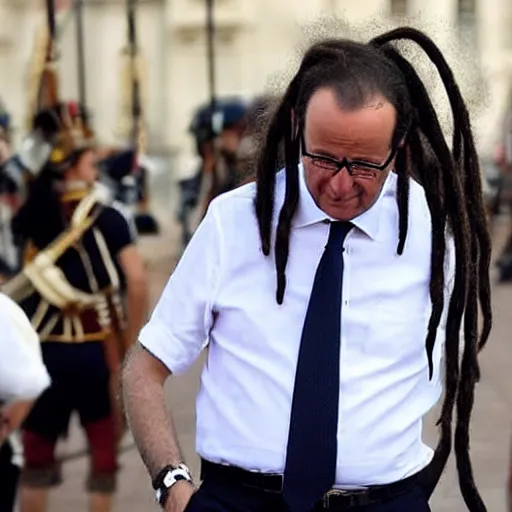 Image similar to François Hollande with dreadlocks, lots of dreadlocks on the head, short dreadlocks with beads