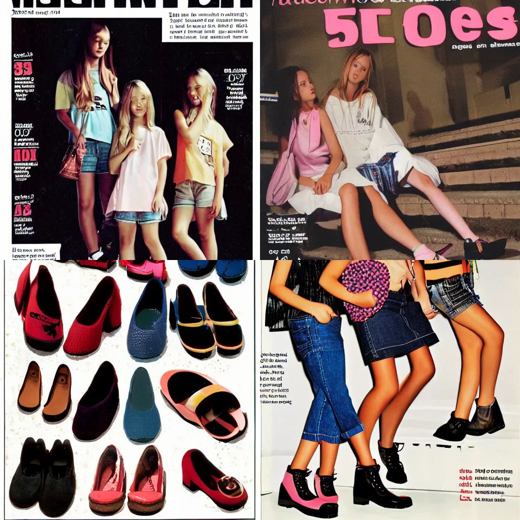 Prompt: girls footwear from 2003 in a magazine