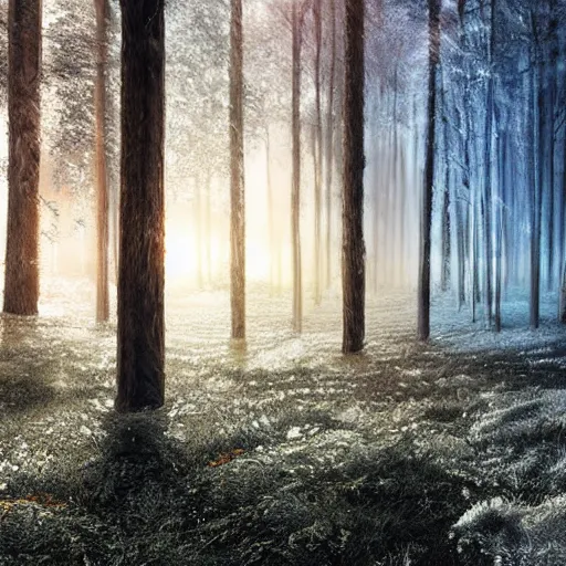 Image similar to professional digital art of a forest made of ice, high quality, cinematic lighting, hd, 4 k, 8 k